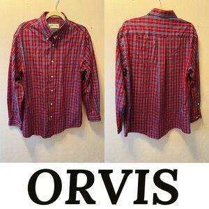 Orvis Red Blue Plaid Button Down Shirt 100% Cotton Men’s M Casual Classic